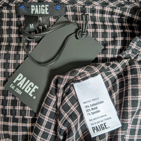 PAIGE Plaid Button Front Split Neck Ruffle Long Sleeve Tassel Black Mauve M NWT - Picture 14 of 14